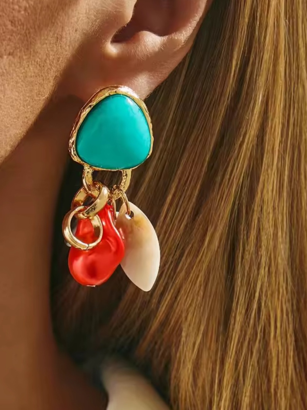 Anthropologie Gold-Tone Earrings with Turquoise, Red and Cream Accents - Picture 4 of 5